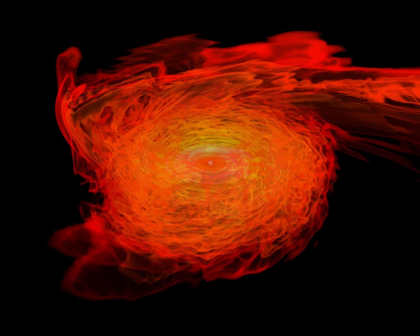 A glowing, swirling orange simulation of two neutron stars tearing into each other.