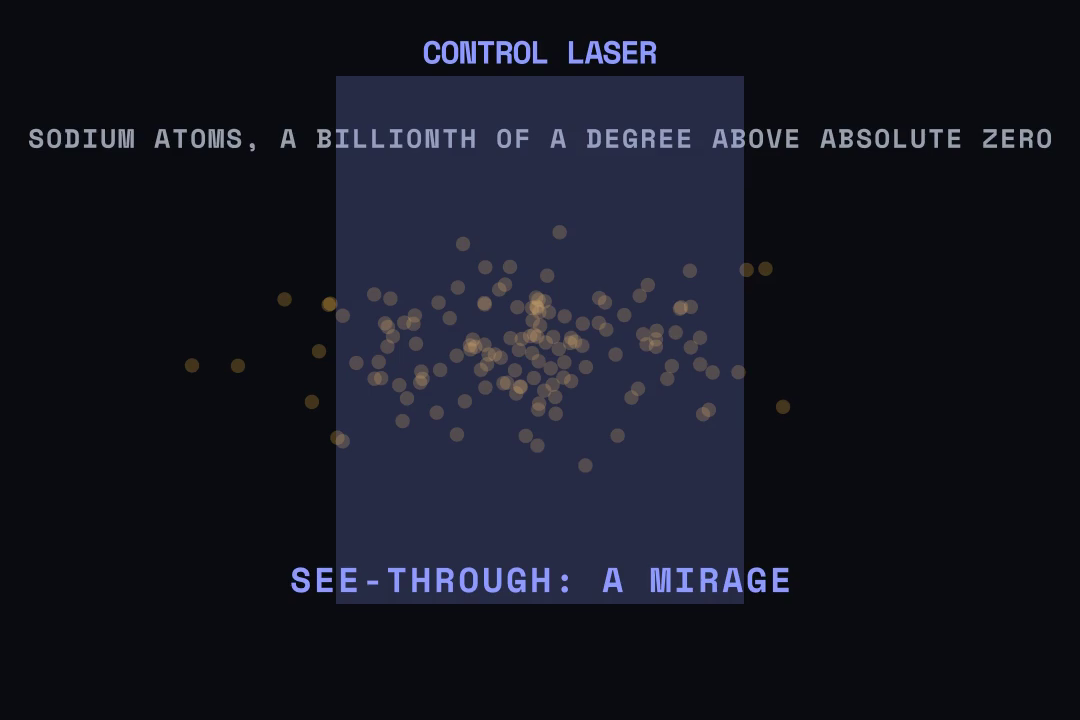 A cloud of cold sodium atoms, lit by a control laser that makes it see-through.